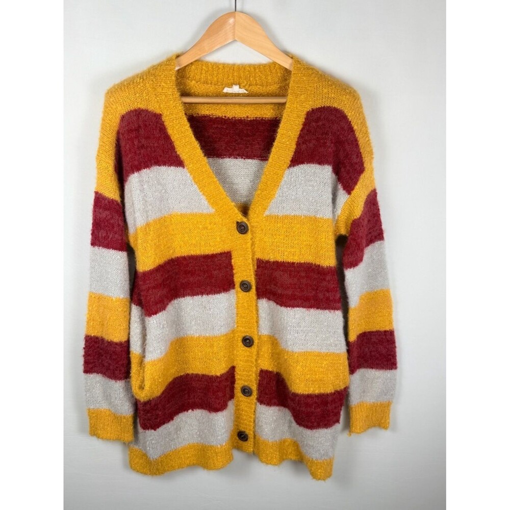 Easel Los Angeles S Fuzzy Stripe Cardigan Mustard Red Gray Cozy Wood Buttons